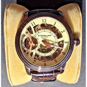 Stührling Original Brumalia Skeleton Watch Brown Leather Strap Exhibition Back